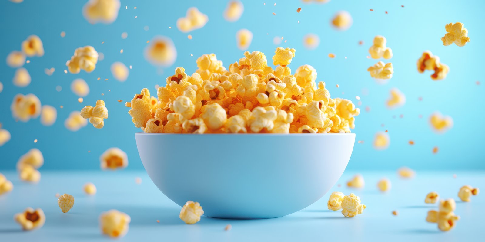 Popcorn bursts from a blue bowl against a bright, colorful background highlighting fun moments and snack time